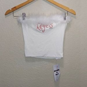 omighty White Feather Trim 'Angels' Crop Top with Pink Script